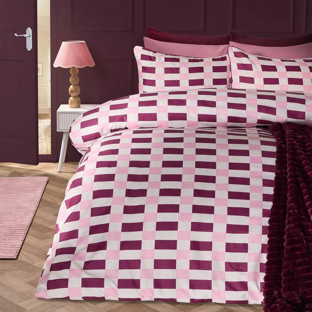 OHS Checkerboard Bedding Set Microfibre Duvet Cover with Pillowcase in Burgundy