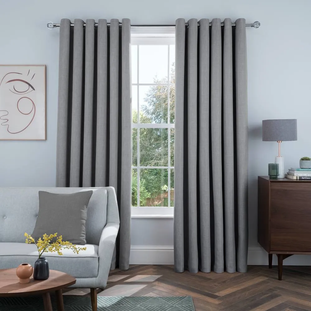 Smart Living Luxury Linen Look Eyelet Blackout Lined Curtains - 2 Panels in Charcoal
