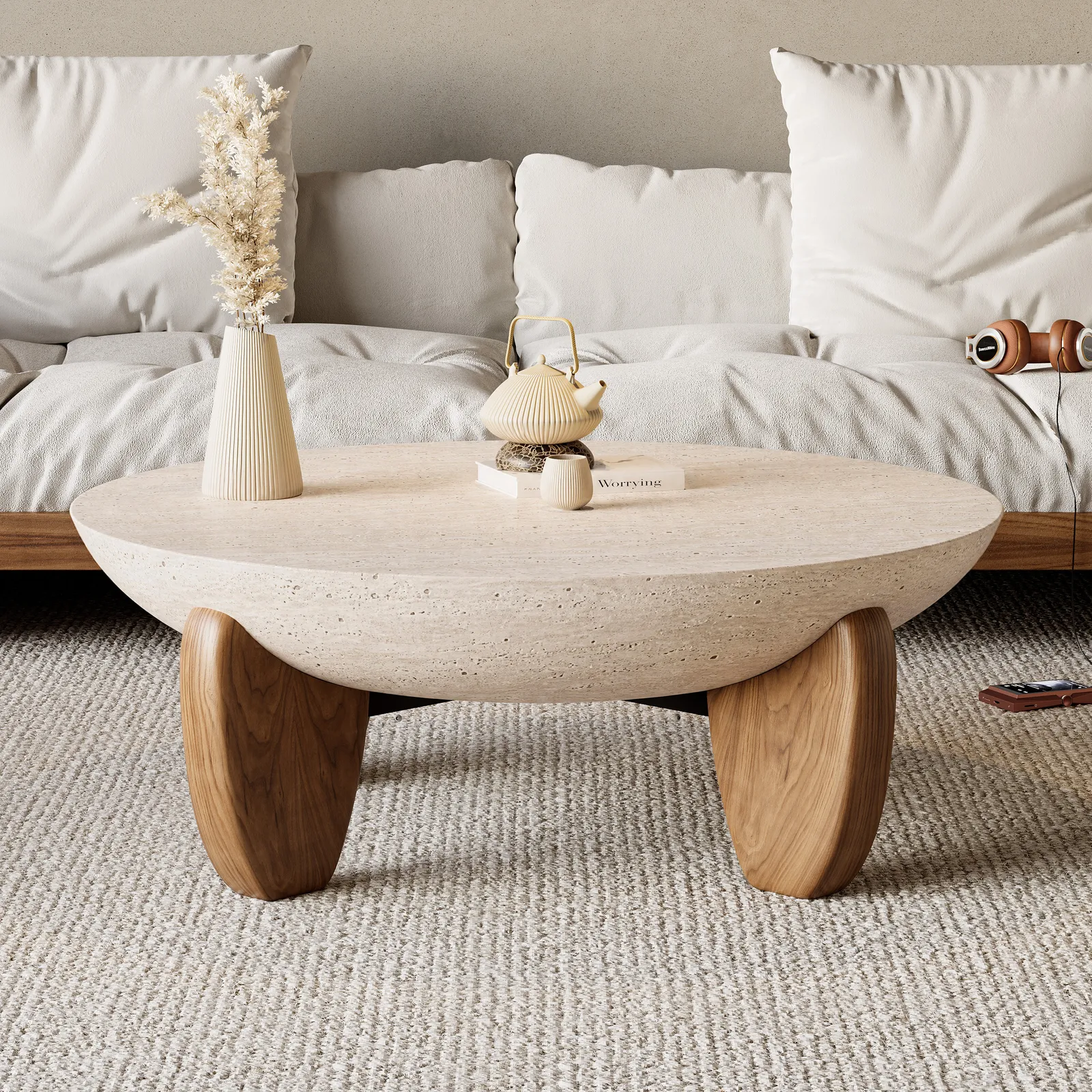 Curva 95 cm Round Concrete Walnut Coffee Table with Wood Legs