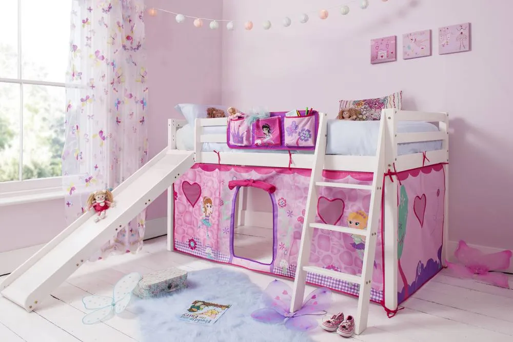 Nöa and Nani Moro Cabin Bed Midsleeper with Slide and Fairies Tent in White