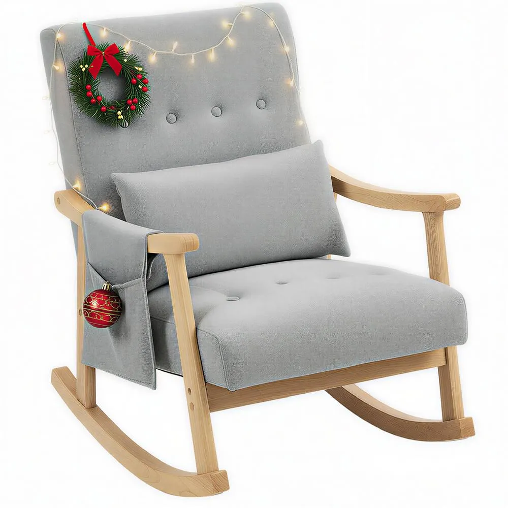 HOMCOM Modern High Back Rocking Chair with Solid Wood Legs in Light Grey 2
