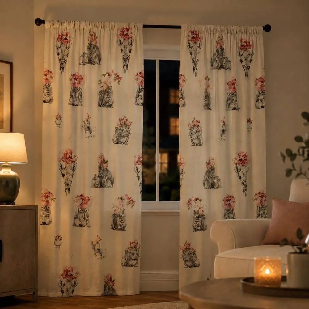 Smart Living Sketch Line Curtains Pair with Tie Backs - Animal Floral Print 2