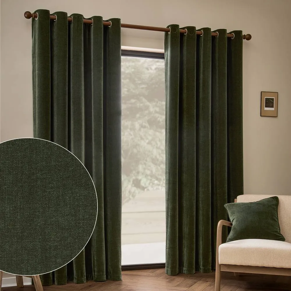 Yard Heavy Chenille Velvet Fully Lined Eyelet Curtain Pair in Bottle Green 1