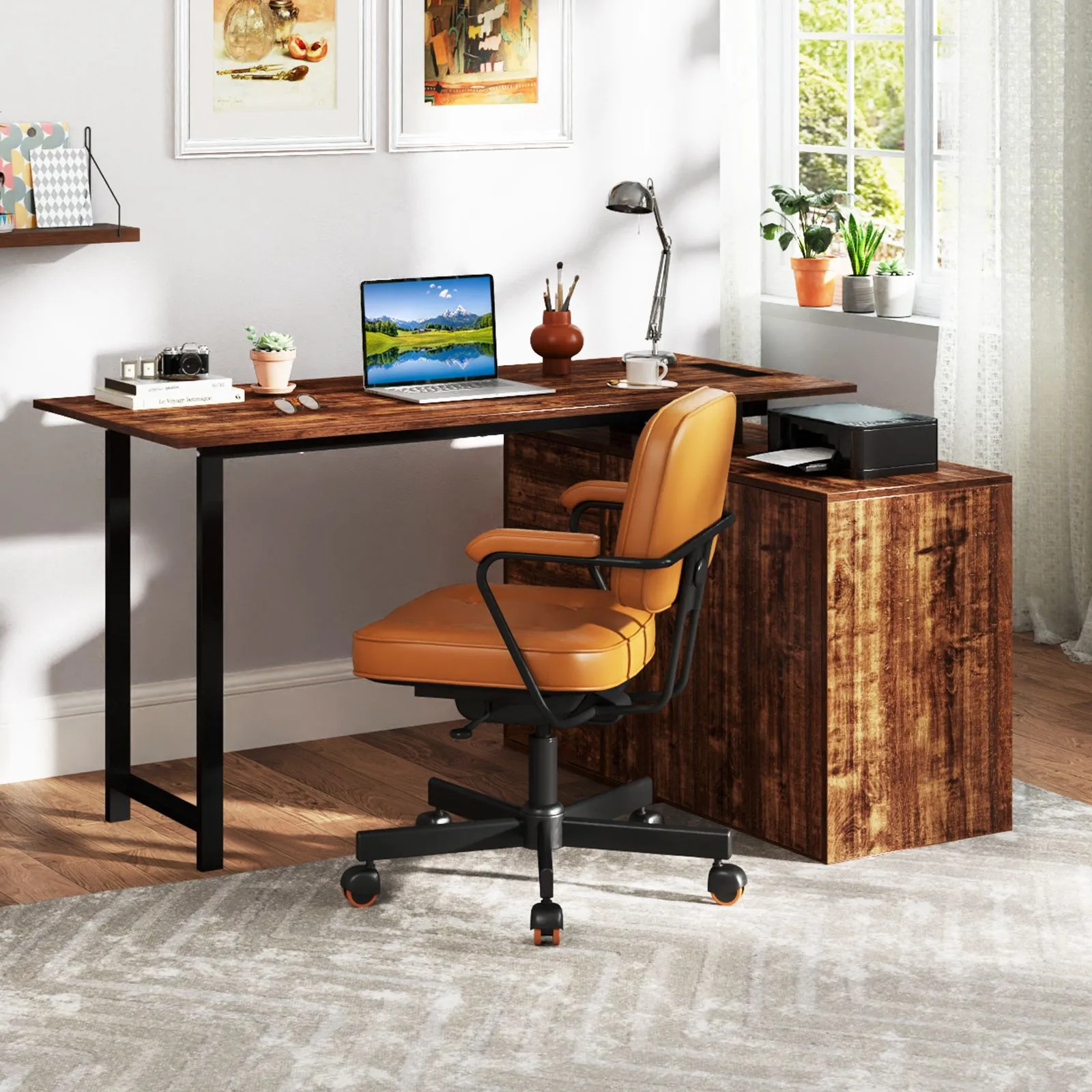 Costway L-Shaped Computer Desk Reversible Corner Laptop Desk Workstation in Brown 2