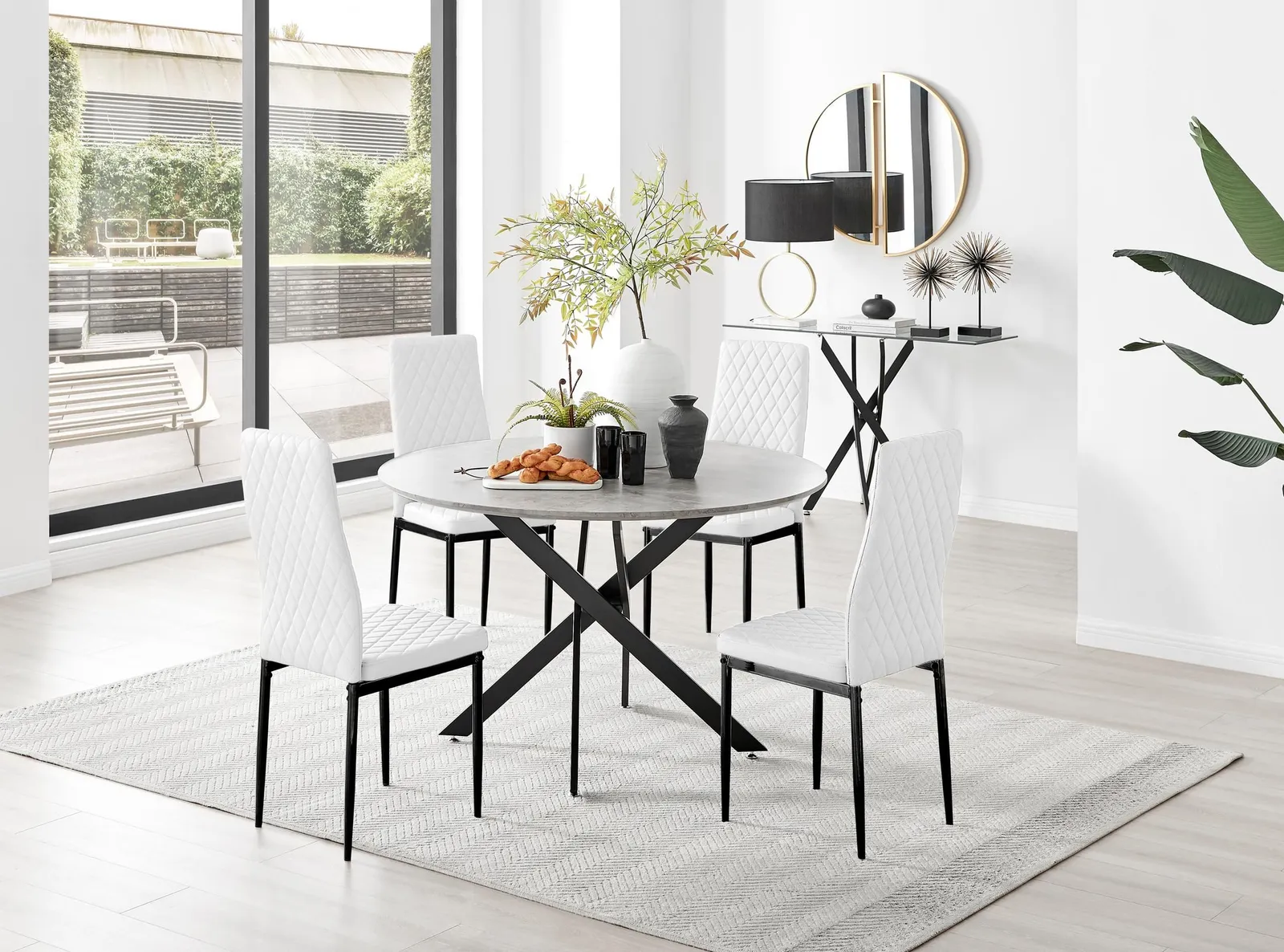 FurnitureboxUK Novara Grey Concrete Effect Black Leg 120cm Round Dining Table & 4 Milan Black Leg Chairs in Off-White