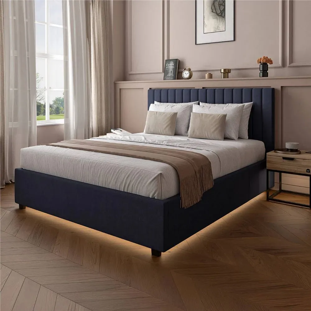 X Rocker Maisie Velvet Upholstered Ottoman Bed with Storage & LED Lights in Navy