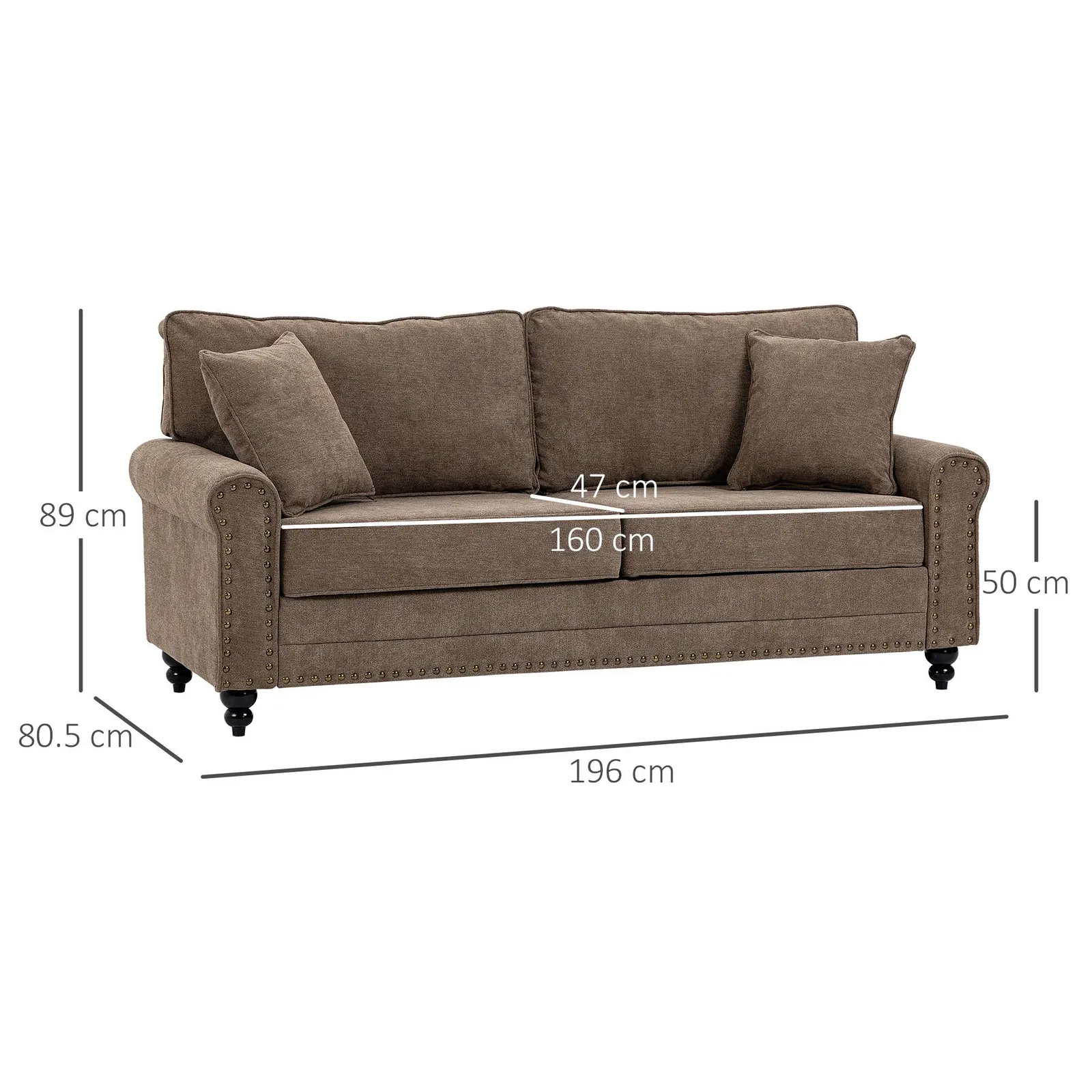 HOMCOM 3 Seater Sofas Fabric Sofa with Nailhead Trim Cushions & Throw Pillows in Brown 3