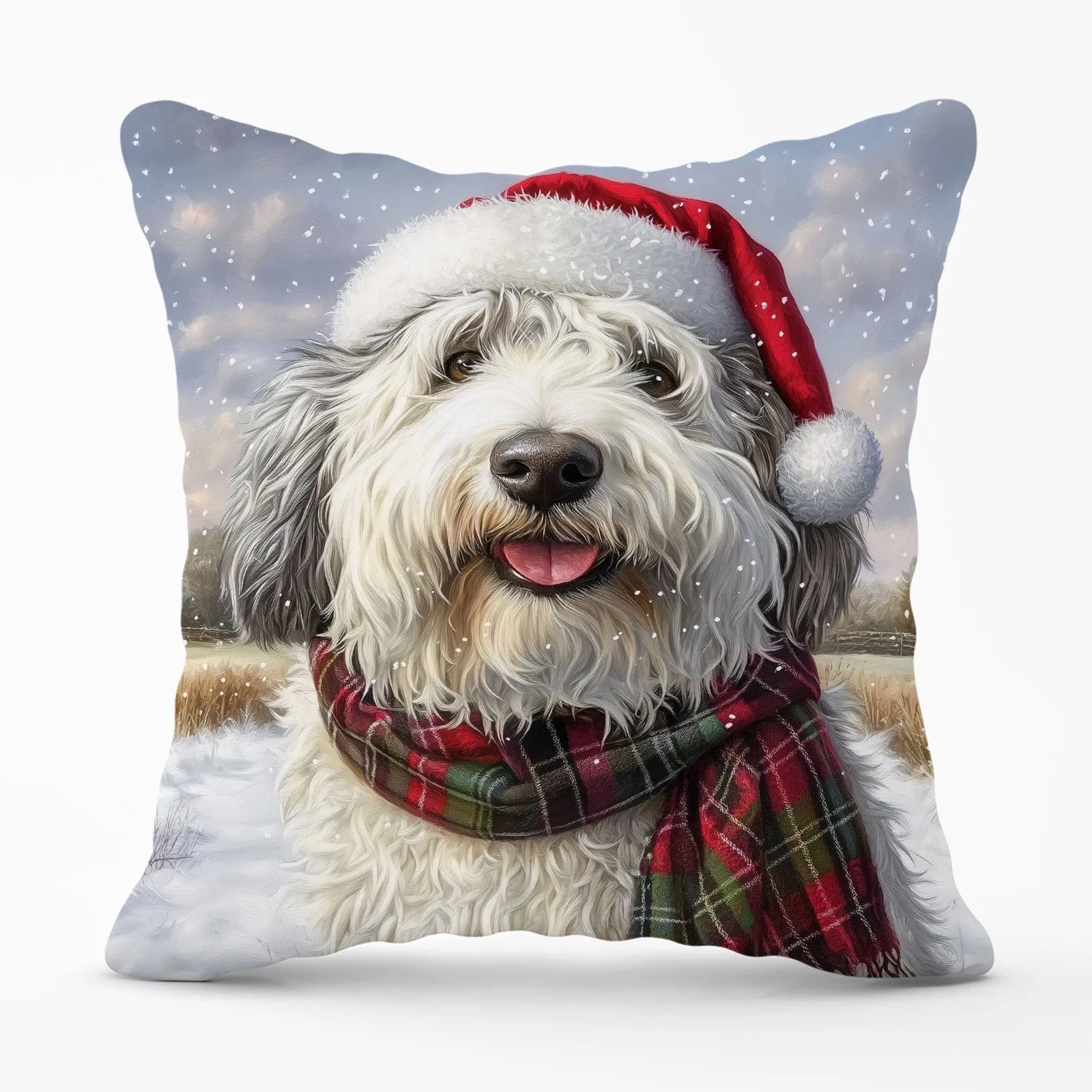 Warren Reed - Designer Christmas Old English Sheepdog Cushion in White