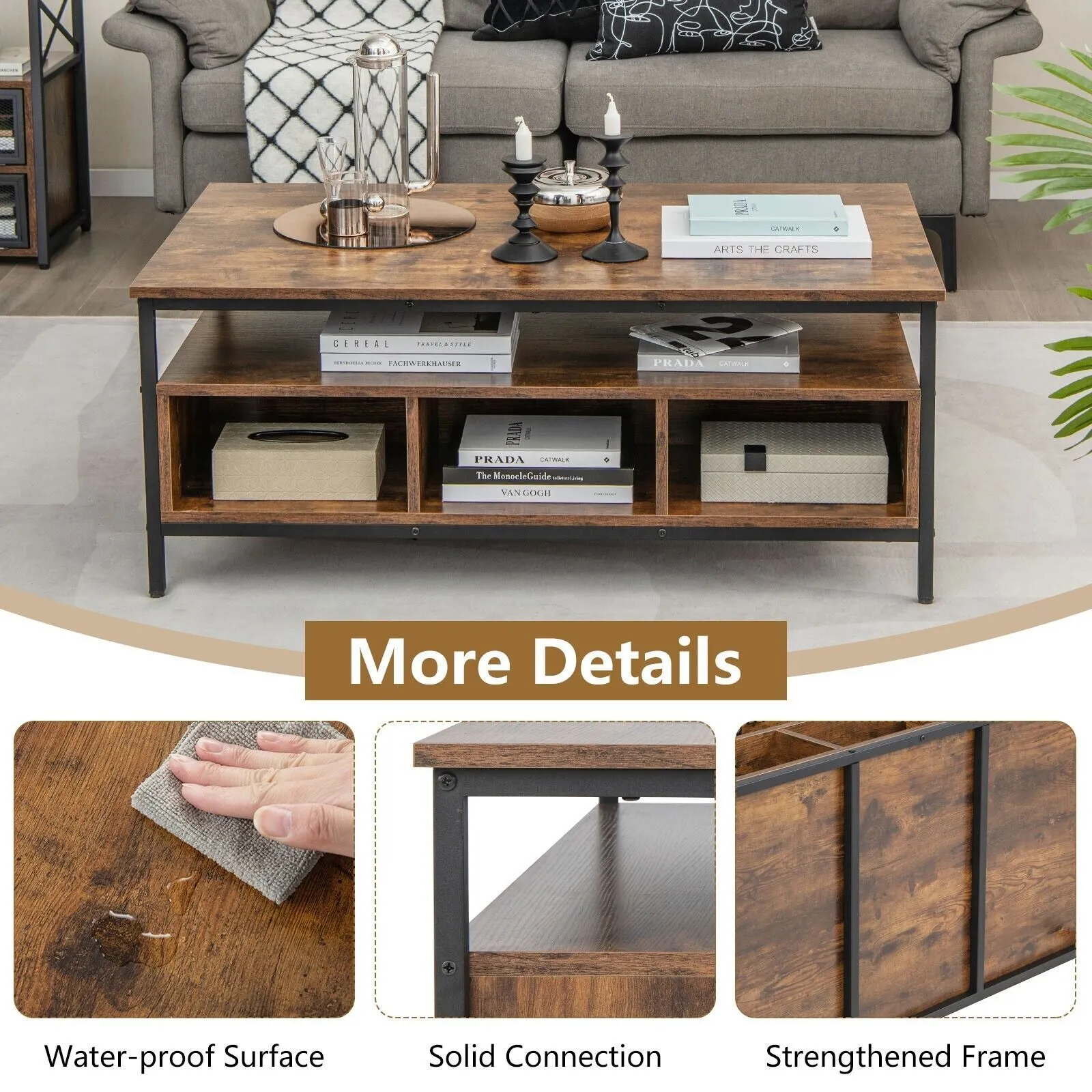 Costway Industrial Coffee Table Wooden Cocktail Center Table with Storage Shelf in Brown 5