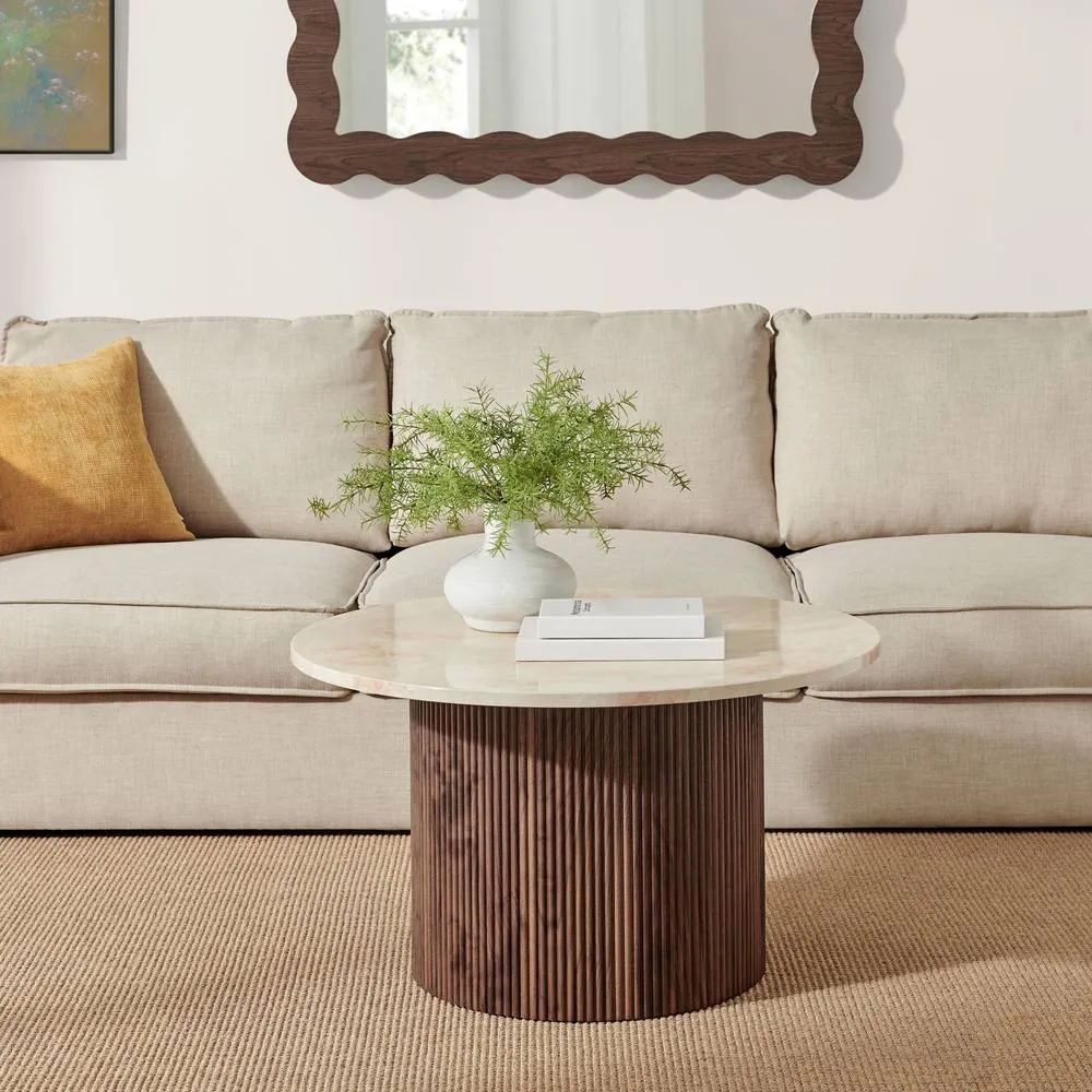 FurnitureboxUK Penrose Round Walnut & Cream Marble Effect Coffee Table 3