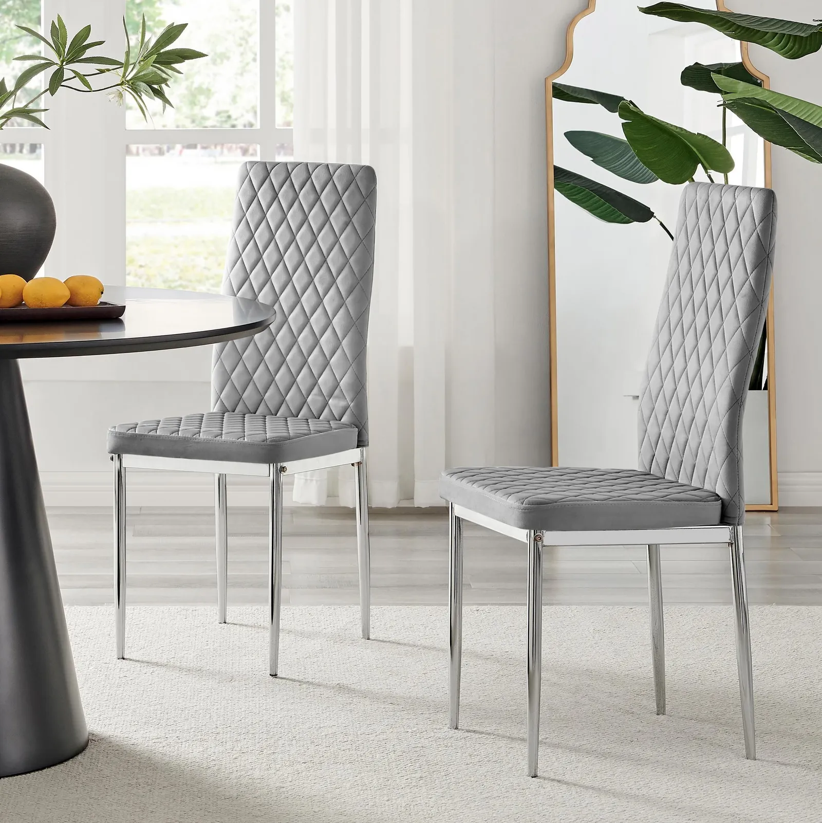 FurnitureboxUK Set of 4 Milan High Back Soft Touch Diamond Pattern Velvet Dining Chairs With Silver Chrome Metal Legs in Grey