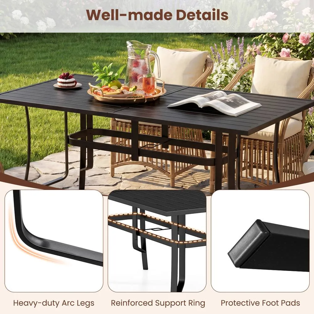 Costway 160 CM Patio Dining Table for 6 Rectangle Metal Table w/ Umbrella Hole in Black 6