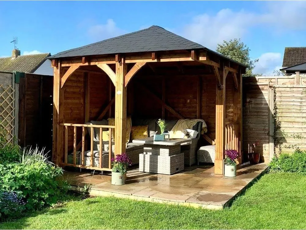 Dunster House Corner Wooden Gazebo with Roof Shingles 3m x 3m - Leviathan in Brown 3