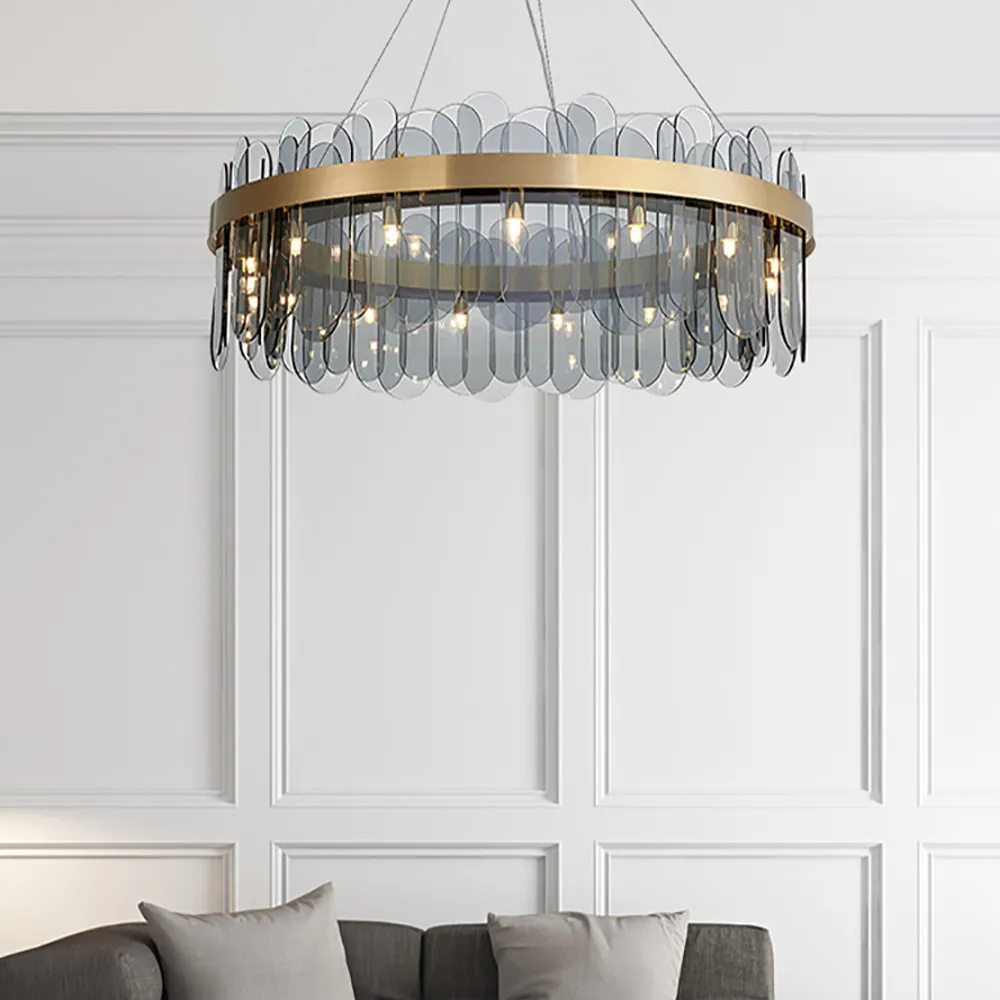Modern Round 6-Light Tiered Smokey Gray Glass Chandelier
