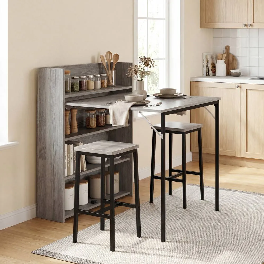 HOMCOM Folding Dining Table, Kitchen Table with Shelves Grey Wood Effect