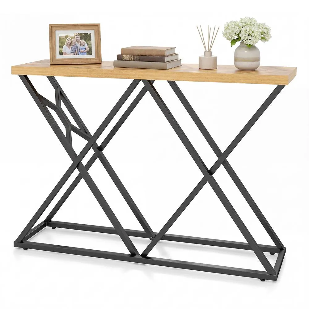 Costway 140CM Console Table Farmhouse Entryway Table with Metal Base Black in Brown 2
