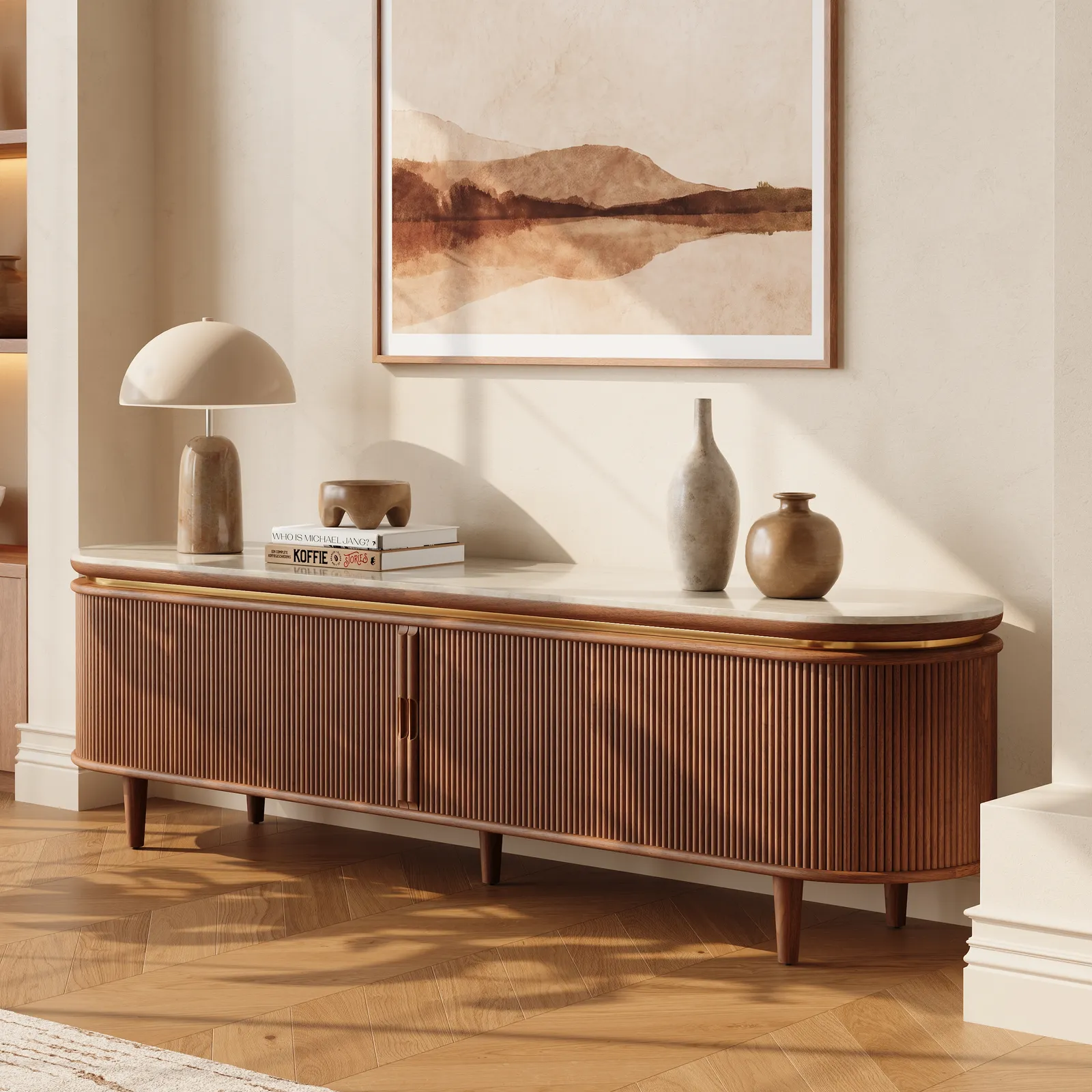 79" Ash Wood Walnut Fluted TV Stand with Sintered Stone Top