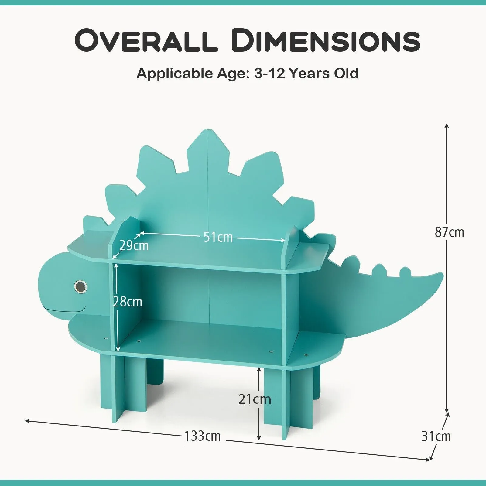 Costway Dinosaur Bookcase 2-Tier Toy Storage Organizer Wooden Bookshelf in Green 2