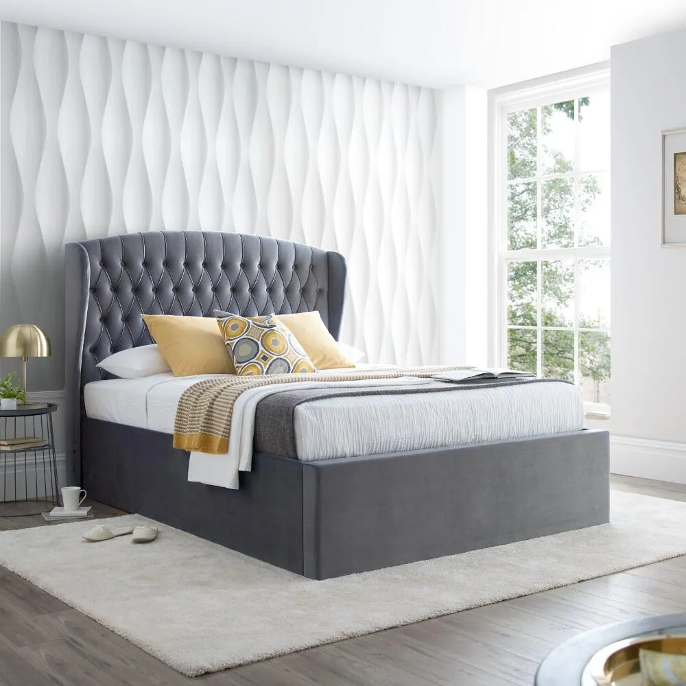 Warwick - Double - Ottoman Bed - Grey - Velvet - 4ft6 - Happy Beds
