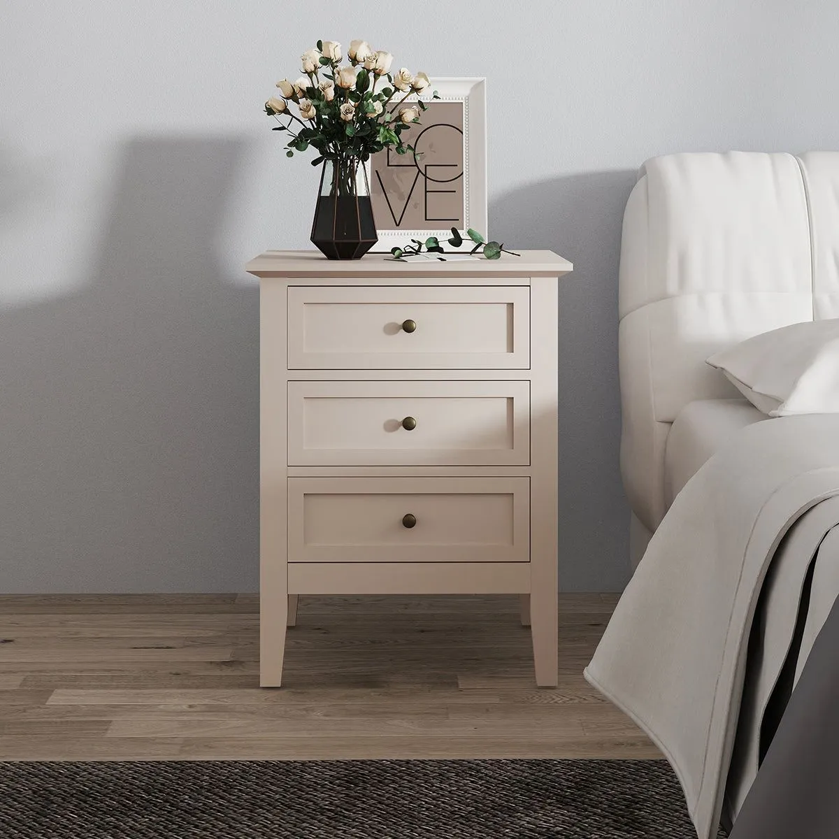 Melody Maison Large 6 Drawer Chest Of Drawers & Pair Of 3 Drawer Bedside Tables - Rowley Taupe Grey Range in Light Blue 6