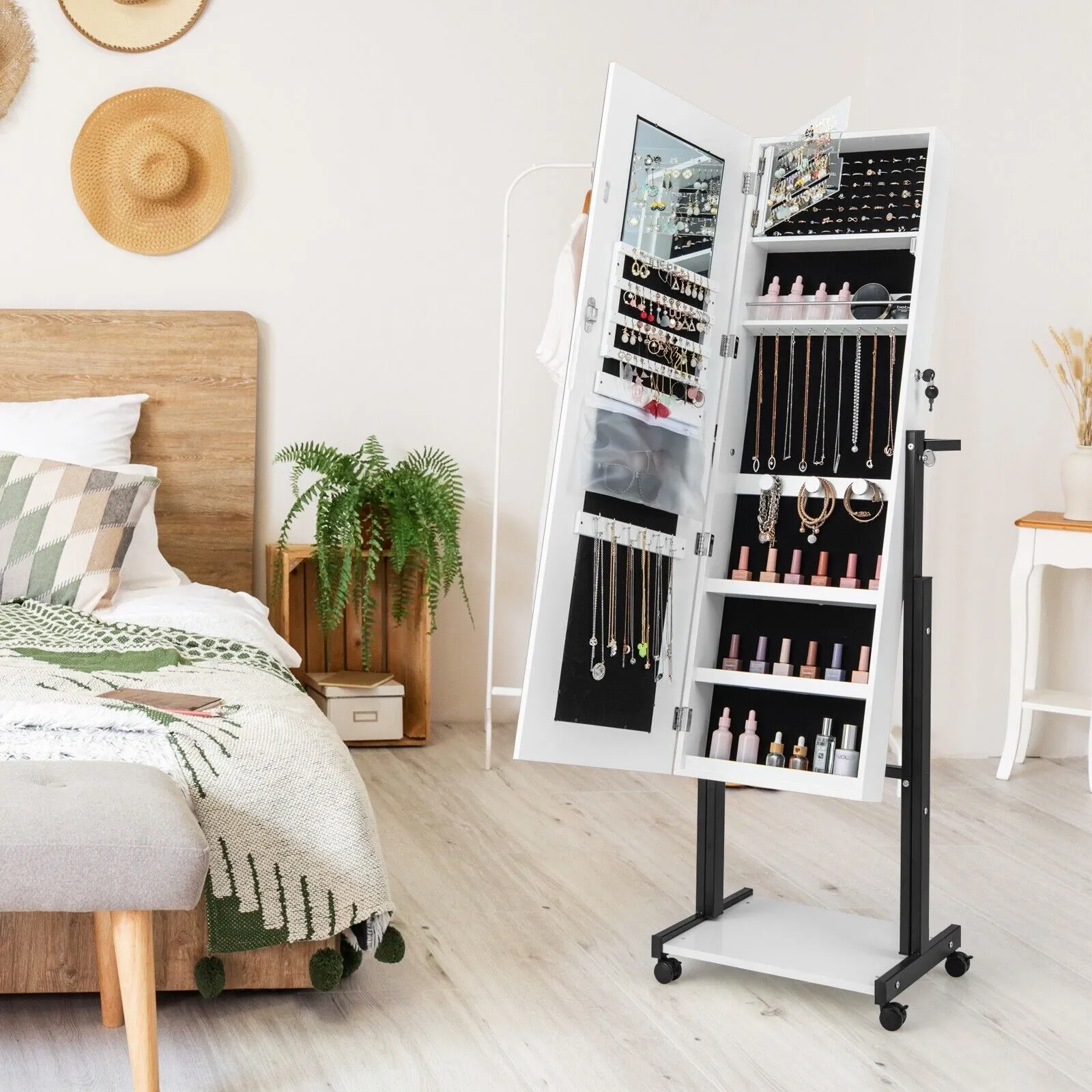 Costway Height Adjustable Jewelry Cabinet Standing Jewelry Armoire w/ 3-Color LED Mirror & Wheels in White 4