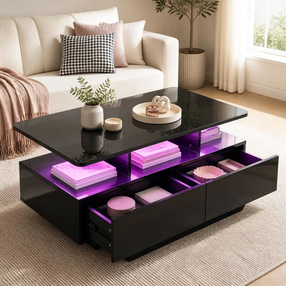 Costway Coffee Table 20-Colour Lighted High Glossy Center Table With 2 Drawers in Black 3