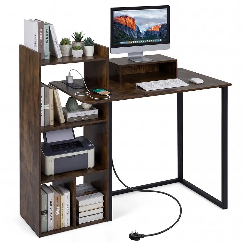 Costway 110CM Computer Desk Study Desk w/ Monitor Stand & Charging Station in Brown 3