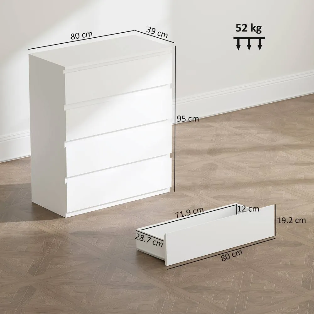 HOMCOM Chest of Drawers, 4 Drawer Storage Cabinet Unit for Bedroom, White 3