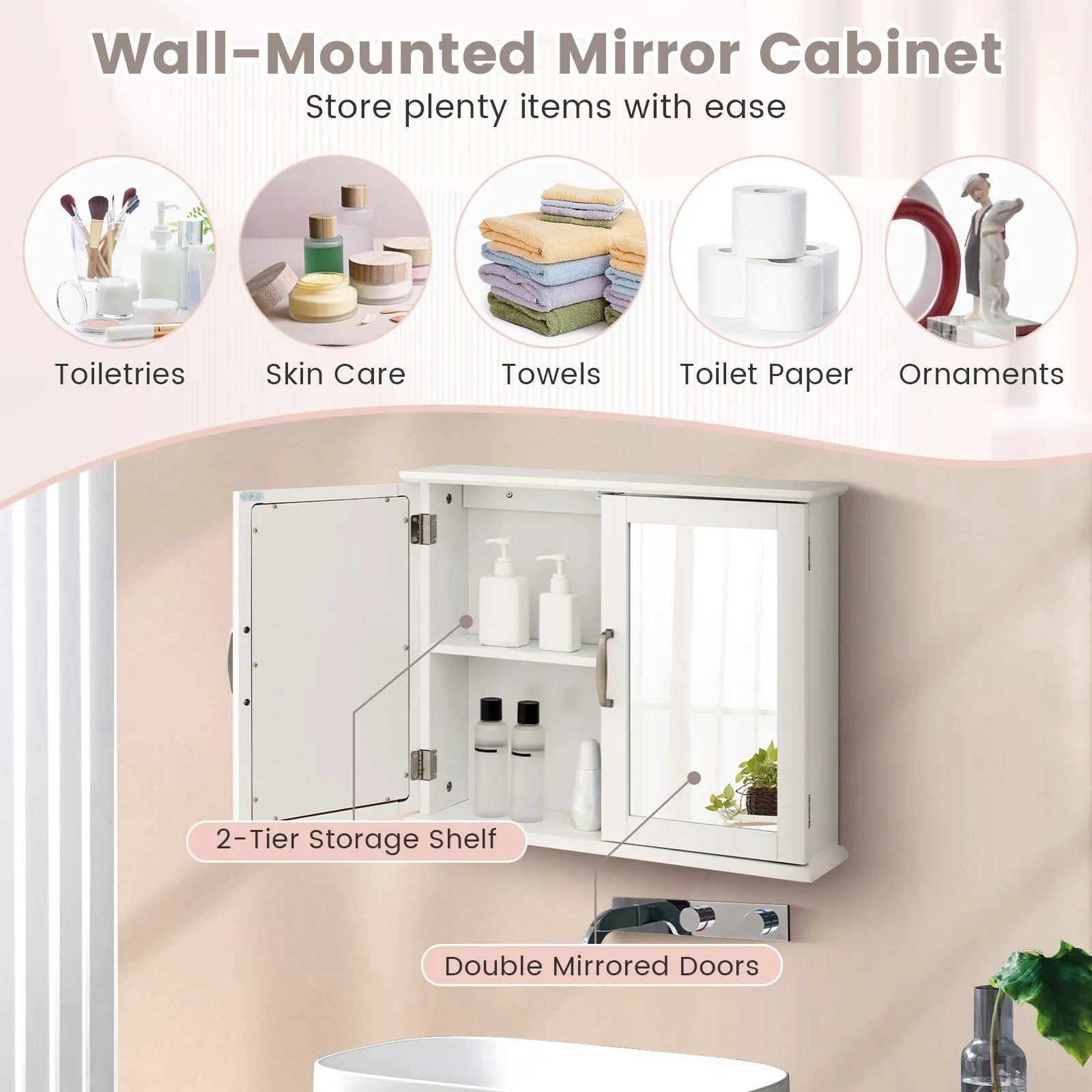 Costway Wall Mounted Bathroom Mirror Cabinet Wooden Storage Cupboard Medicine Cabinet in White 6