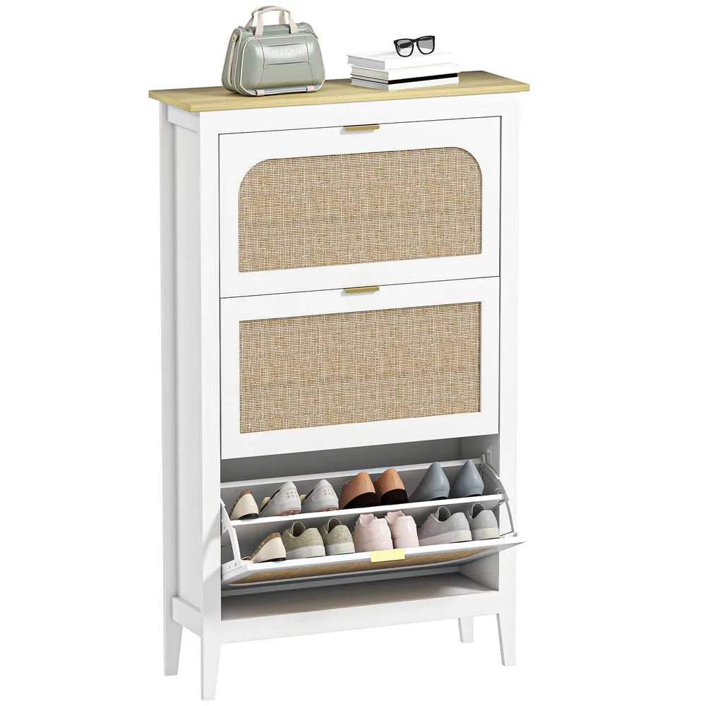 HOMCOM Boho Slim Shoe Cabinet with Rattan Doors, Holds 21 Pairs, White 2