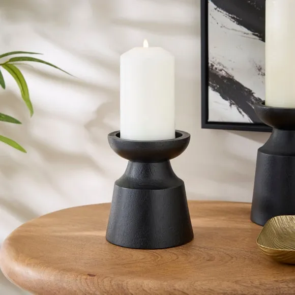 Black Mango Wood Sculpted Pillar Candle Holder