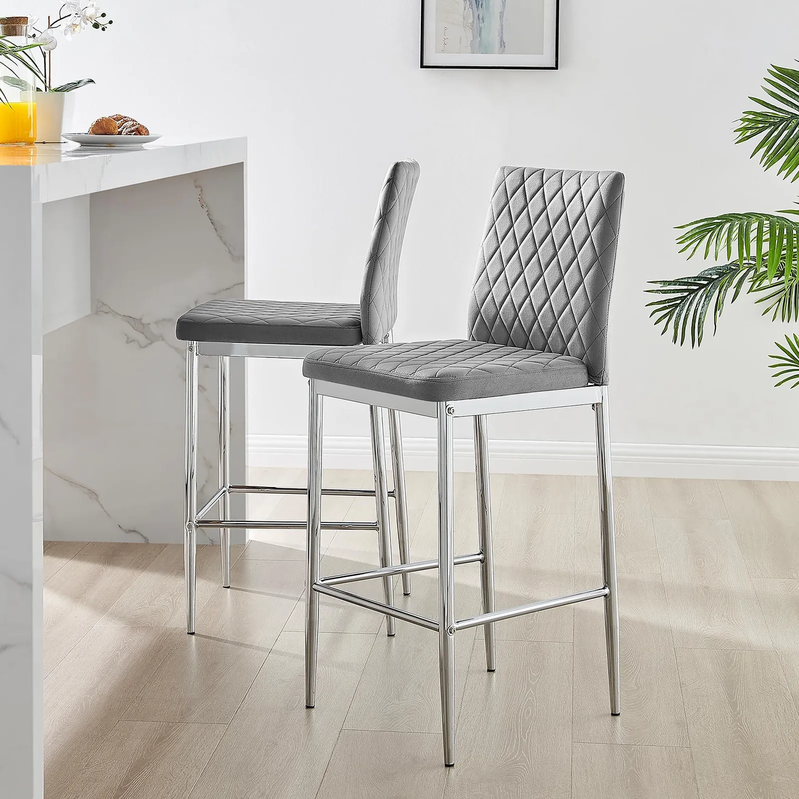 FurnitureboxUK Set of 2 Milan Soft Touch Hatched Velvet Padded Counter Stools With Silver Chrome Metal Legs in Grey 1