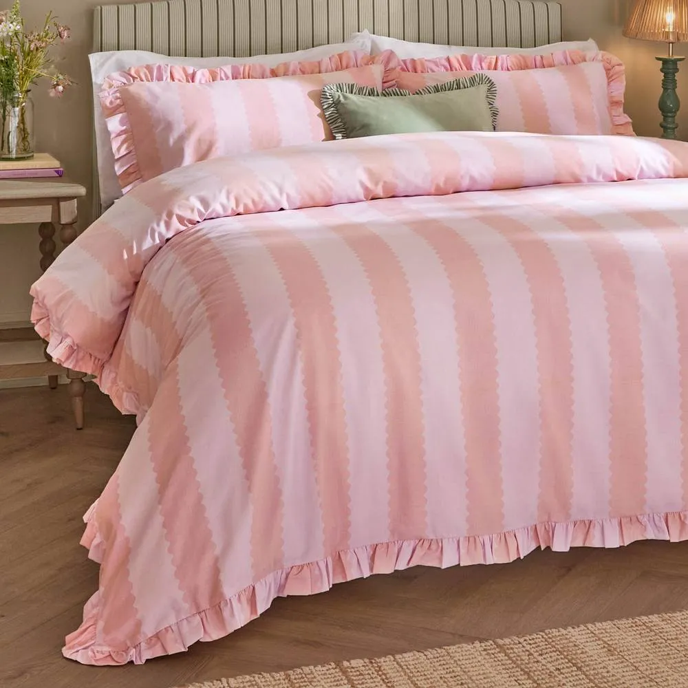 Wylder Birdie Stripe Ruffle Duvet Cover Set in Raspberry 3