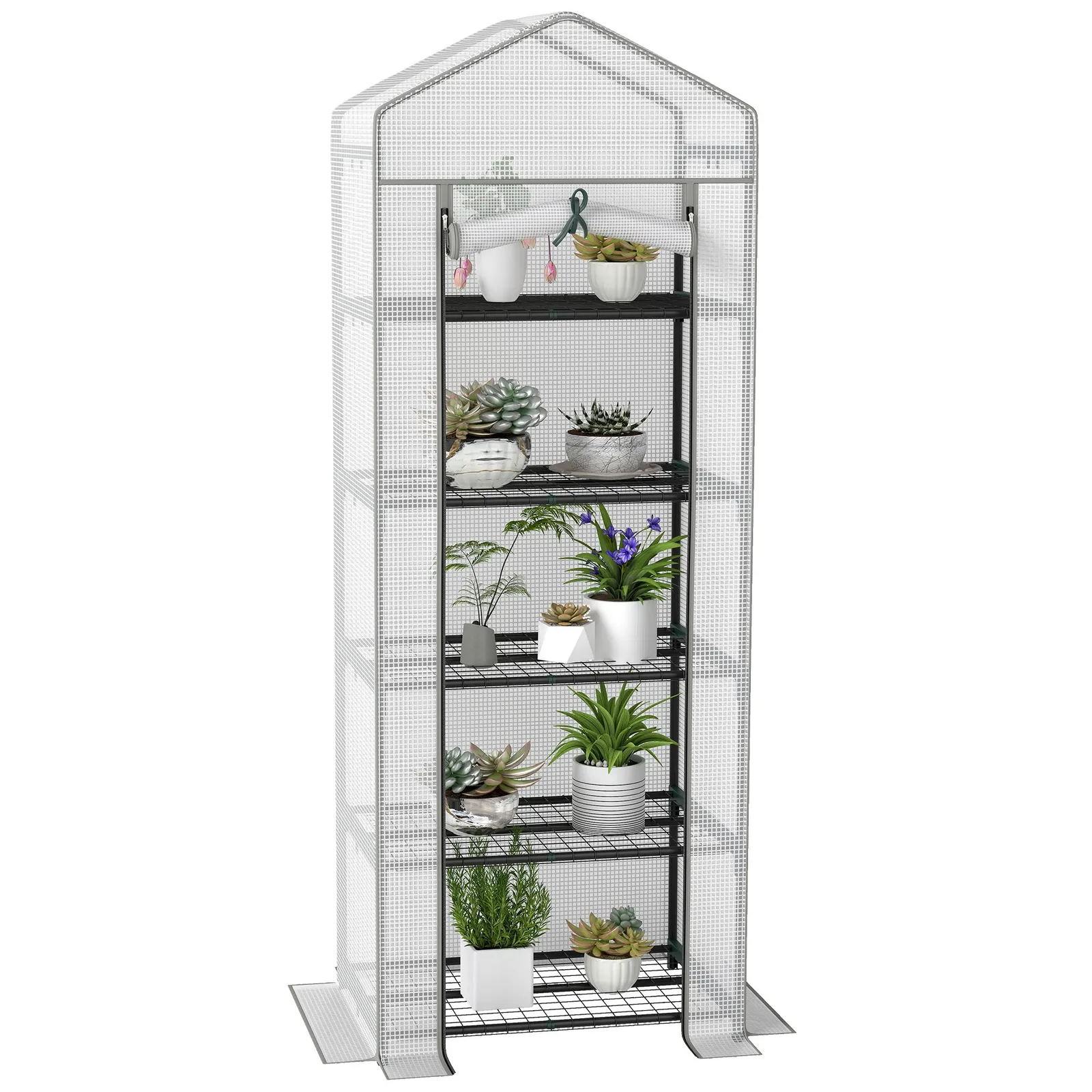 OUTSUNNY 5 Tier Mini Greenhouse Grow House w/ Roll Up Door, White/Grey in White 2