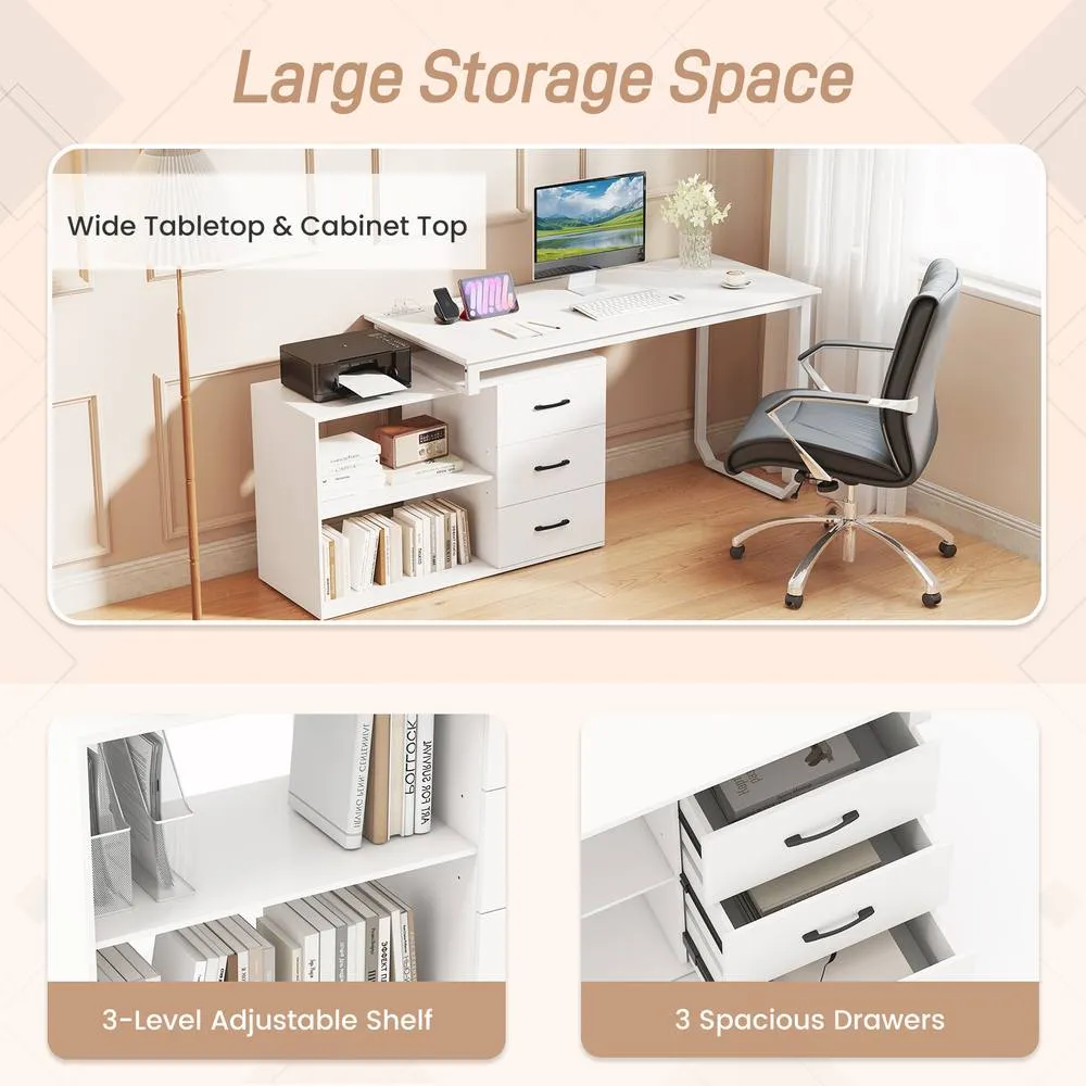 Costway 140cm Reversible L Shaped Desk w/ Power Outlet Study Writing Table in White 5