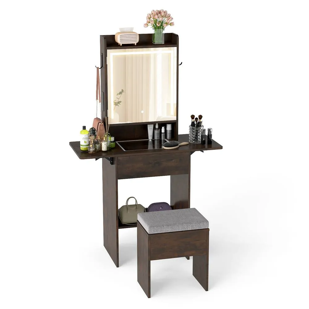 Costway Compact Vanity Desk Makeup Dressing Tablew/ Power Outlets & Mirror in Brown