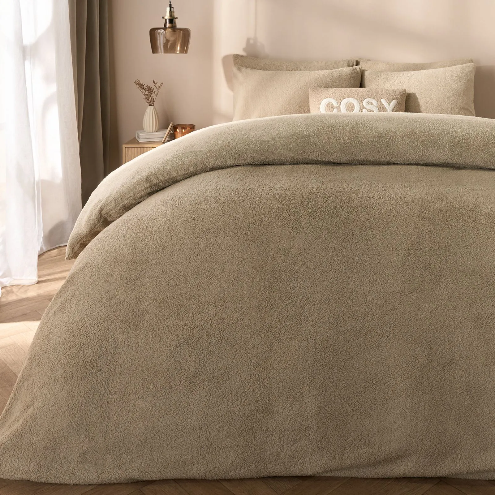 OHS Thermal Soft Teddy Fleece Duvet Cover Bedding Set in Stone
