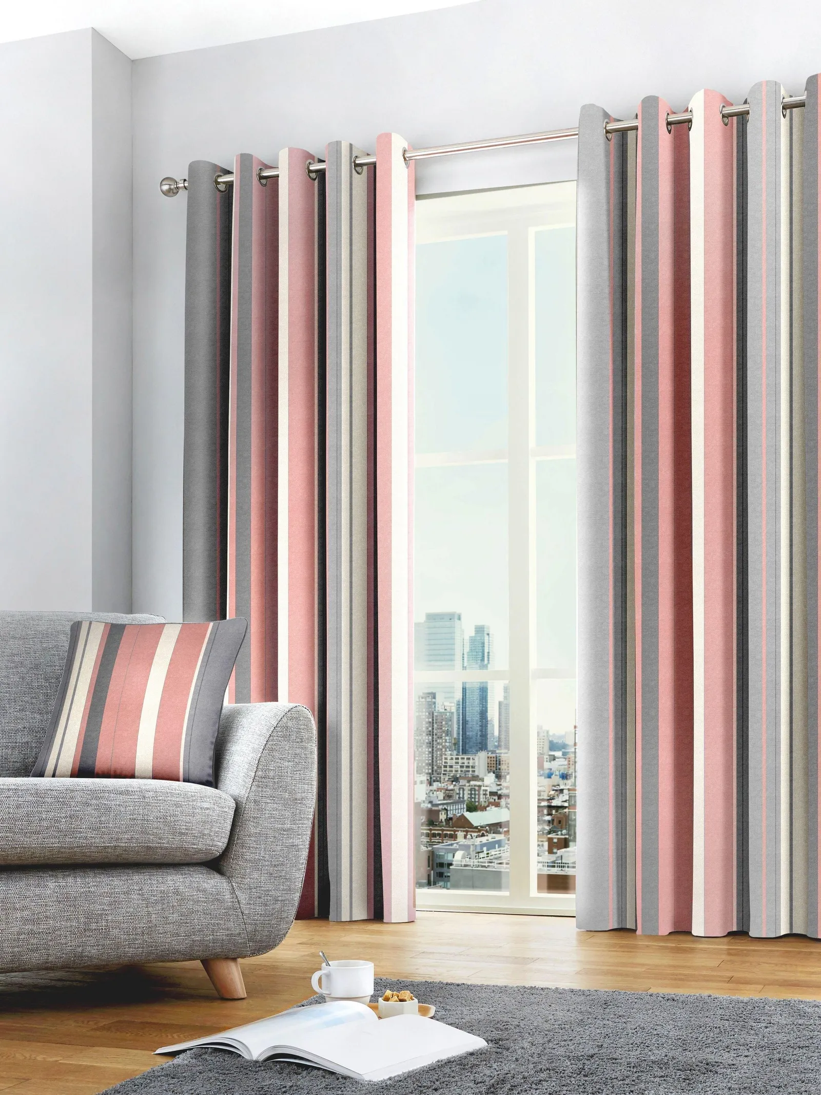 Fusion 'Whitworth Stripe' Fully Lined 100% Cotton Eyelet Curtains in Rose 4