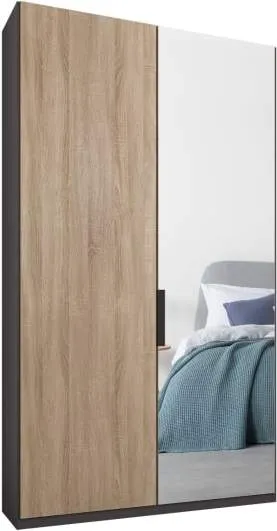 Caren 2 door 100cm Hinged Wardrobe, Graphite Grey Frame, Oak & Mirror Doors, Premium Interior
