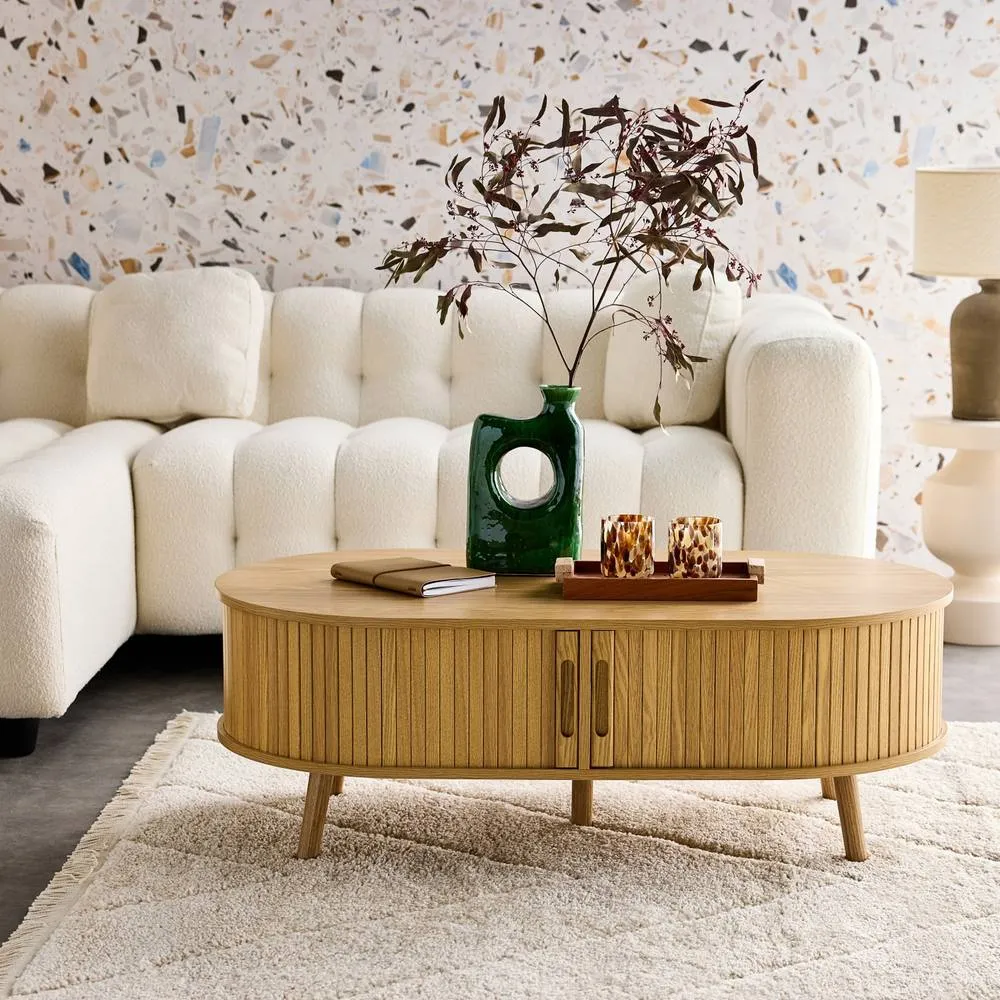 sweeek Coffee Table With Sliding Doors & Grooved Wooden-effect Compartments in Light Brown 1