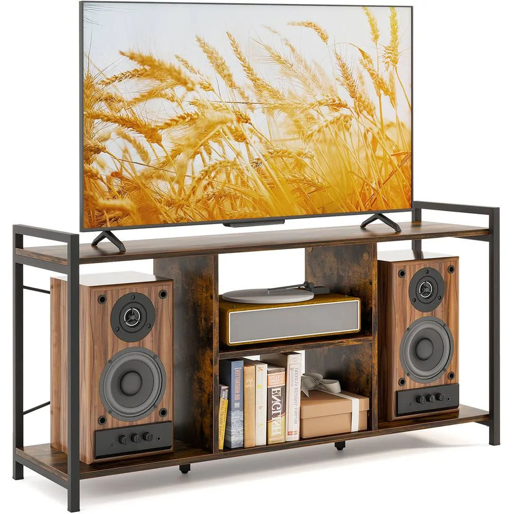 Costway TV Stand for 55" TVs Industrial Entertainment Center w/4 Shelves-Brown in Brown