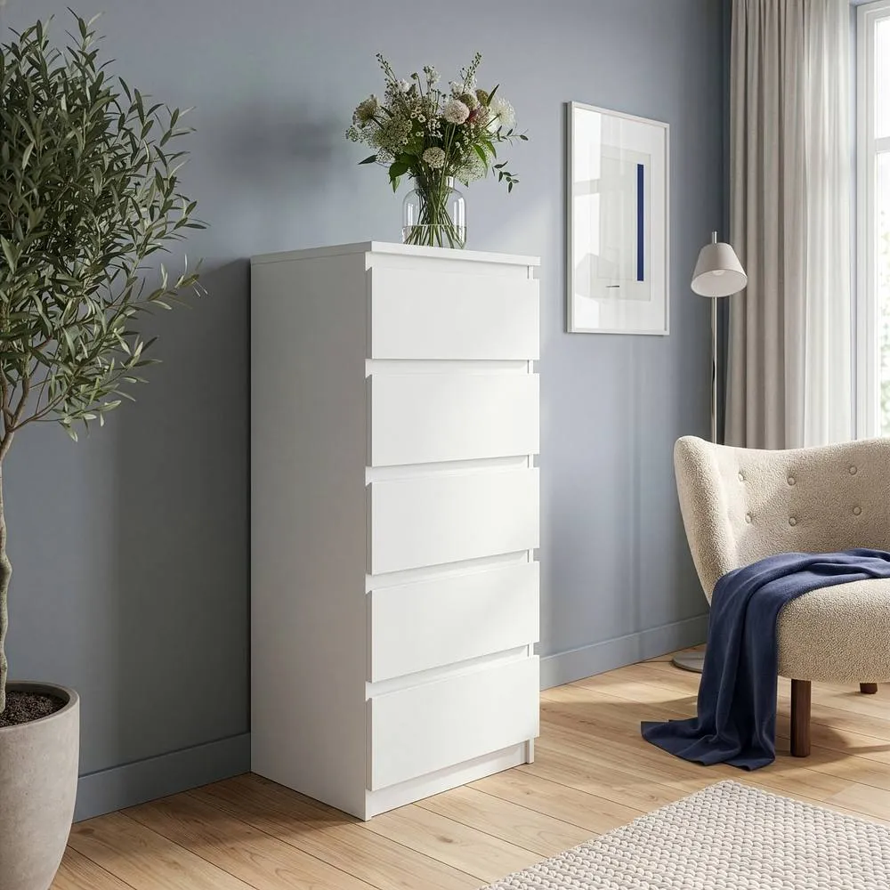 Furniture To Go Edmore 5 Drawer Tall Narrow Chest in White