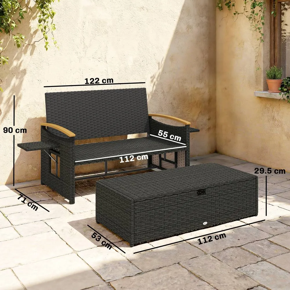 OUTSUNNY Double Garden Rattan Daybed with Storage Ottoman, Brown in Blue 3