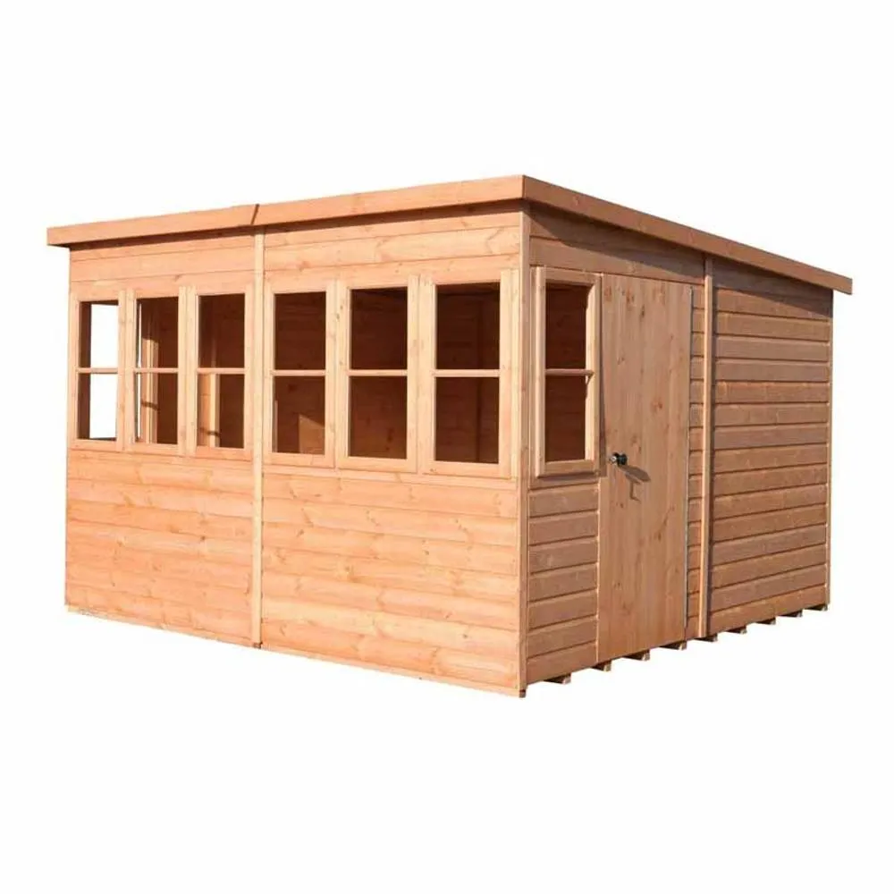 Shires Sun Pent 10x6' Single Door with 8 Windows Wooden Garden Potting Shed in Brown