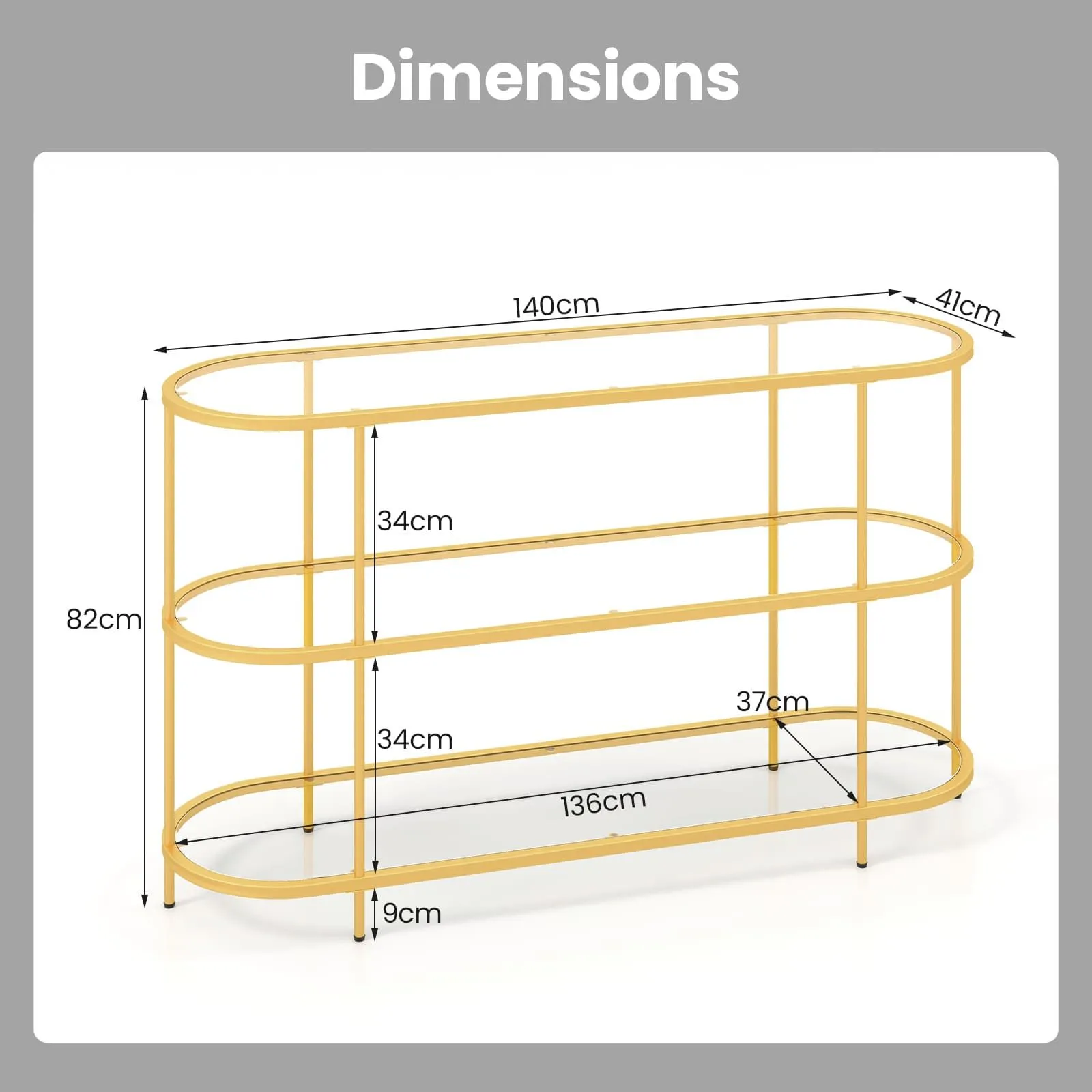 Costway 3-Tier TV Stand for TVs up to 65" 140cm TV Console Table in Gold 2