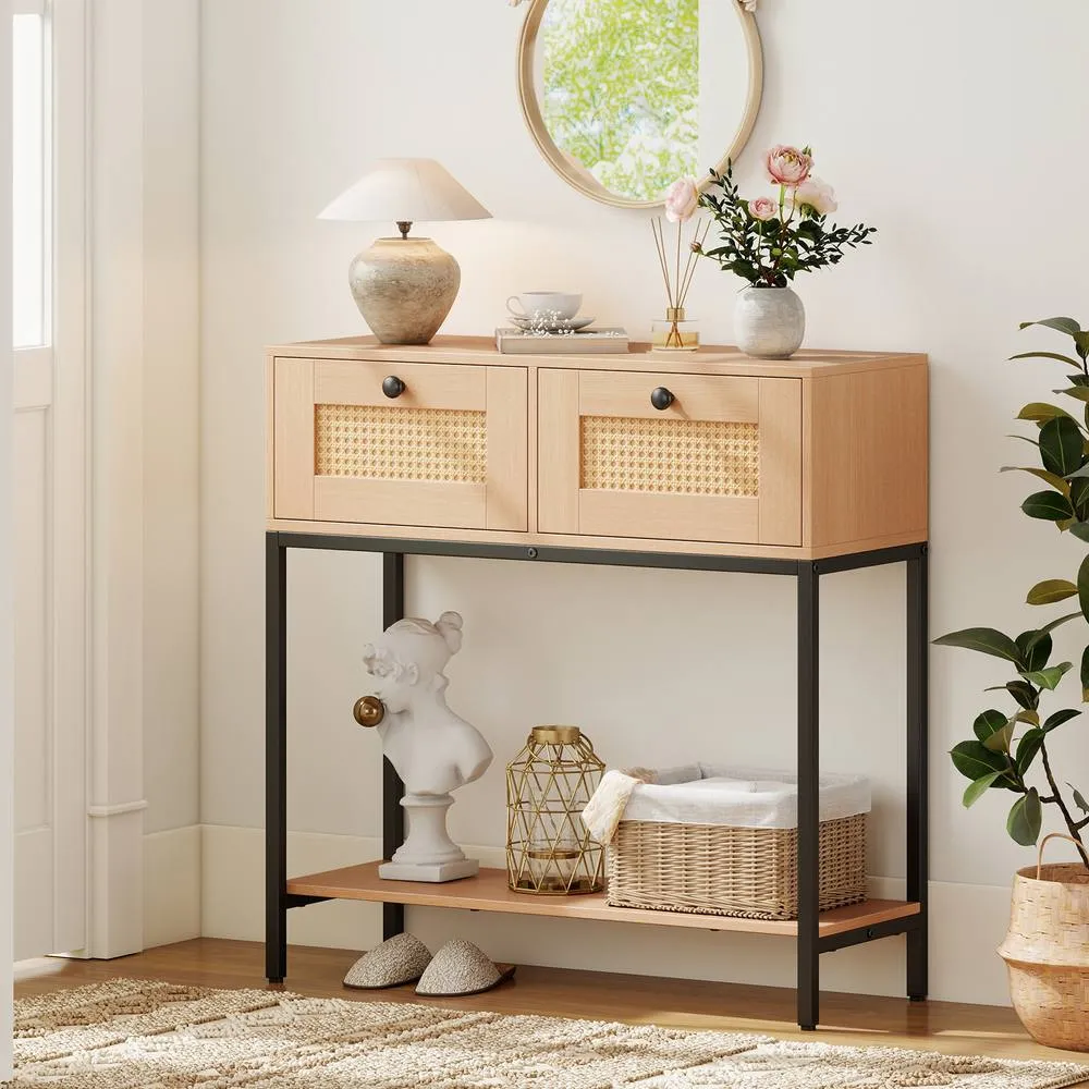 Costway 80CM Boho Console Table Modern Wooden Entryway Table w/2 Drawers in Natural