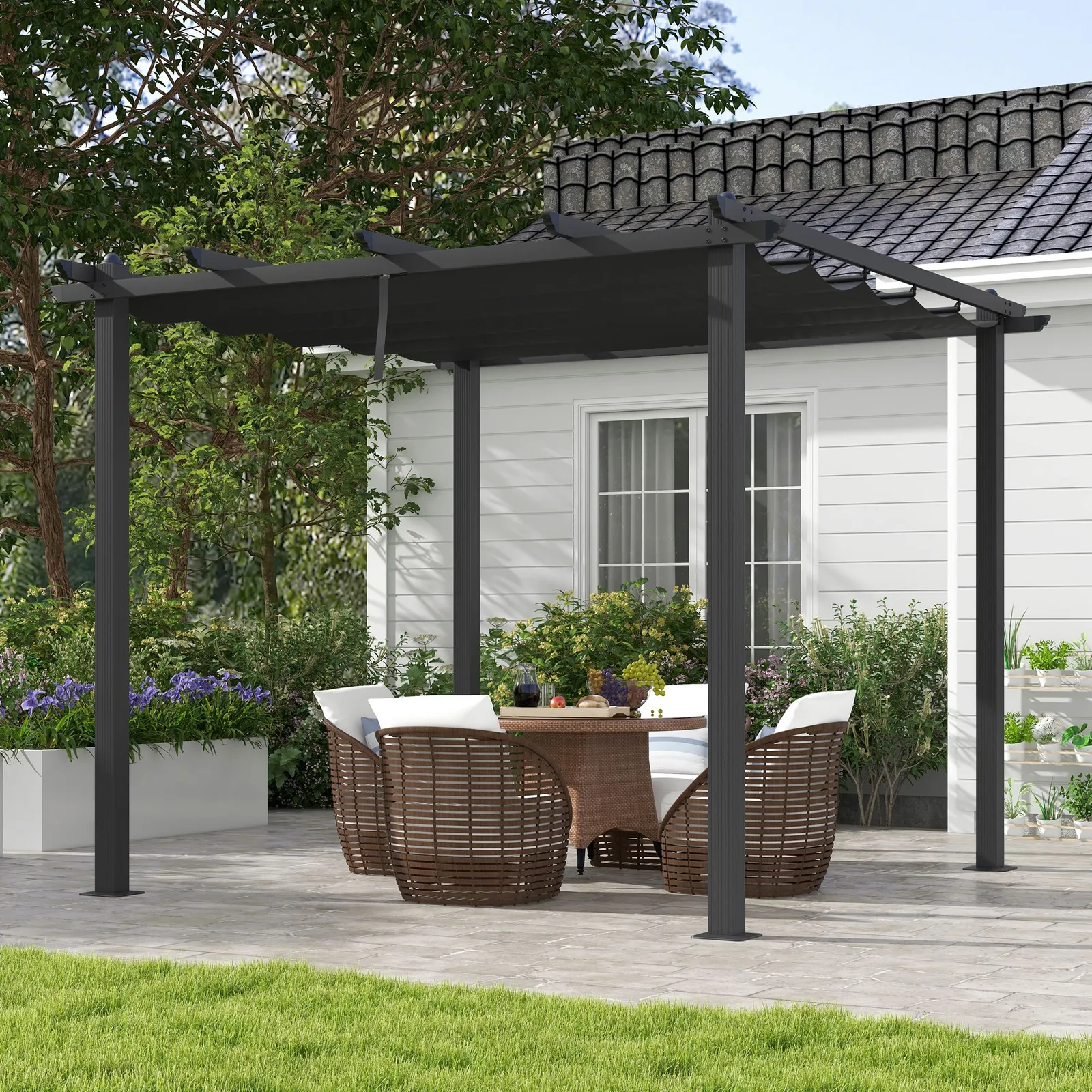 OUTSUNNY 3 x 3(m) Aluminium Pergola with Retractable Roof, Garden Gazebo in Dark Grey