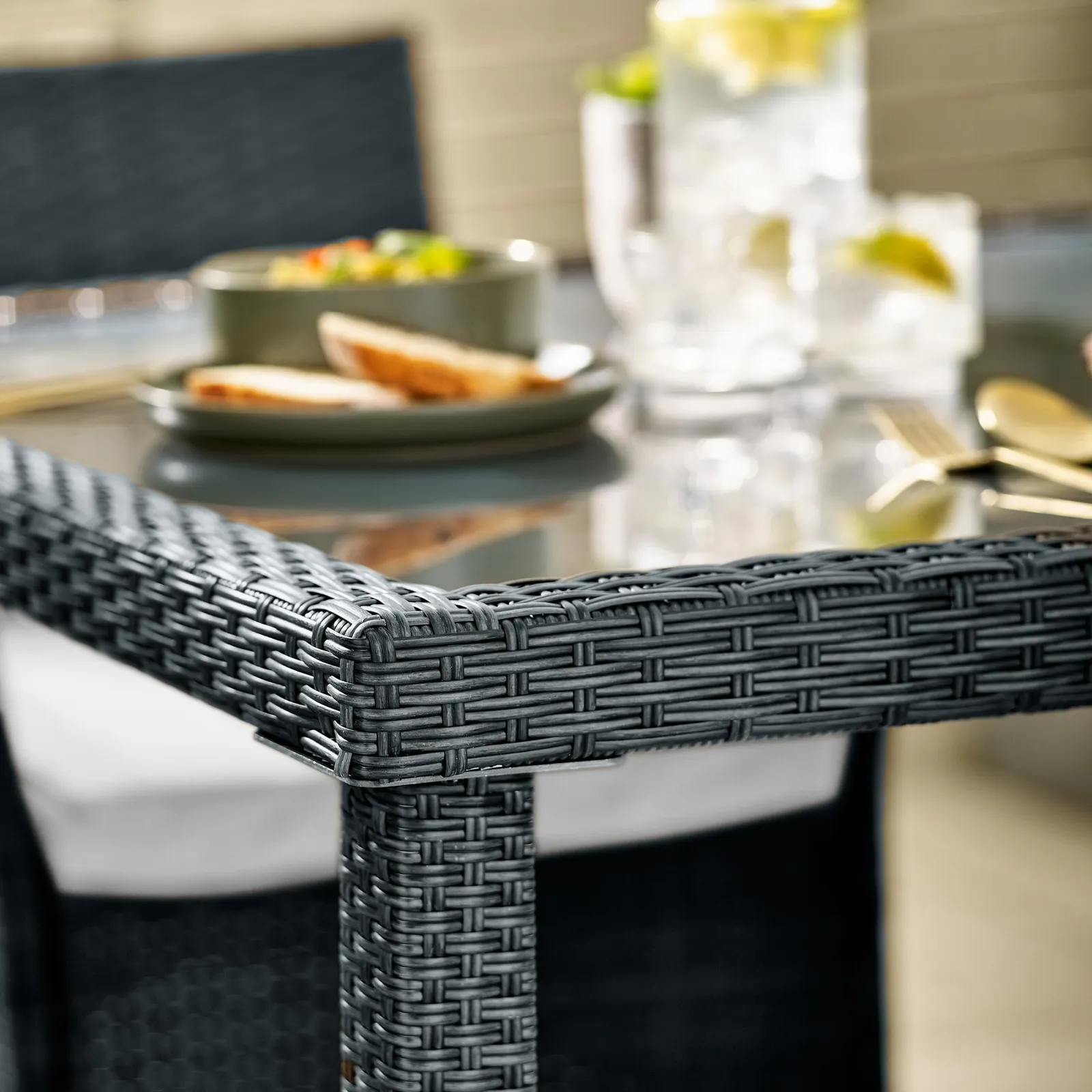 FurnitureboxUK Barbados Rattan Outdoor Garden Dining Set, PE Rattan & Cushions, 4 Chairs 1 Square Glass Top Outdoor Table in Grey 3