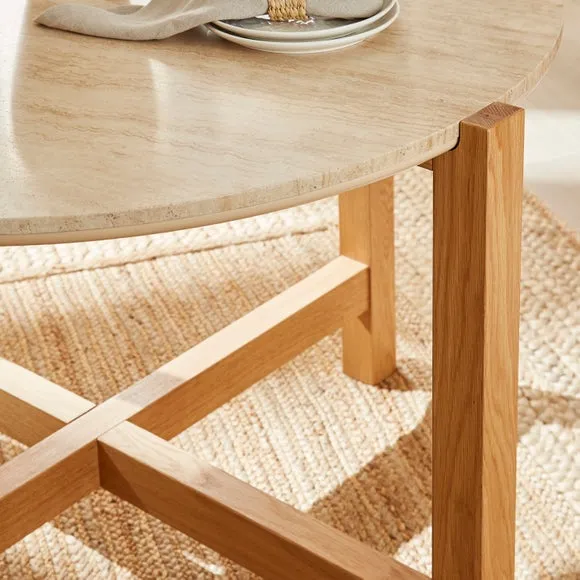 Halton 4 Seater Round Dining Table, Travertine Stone & Oak 5