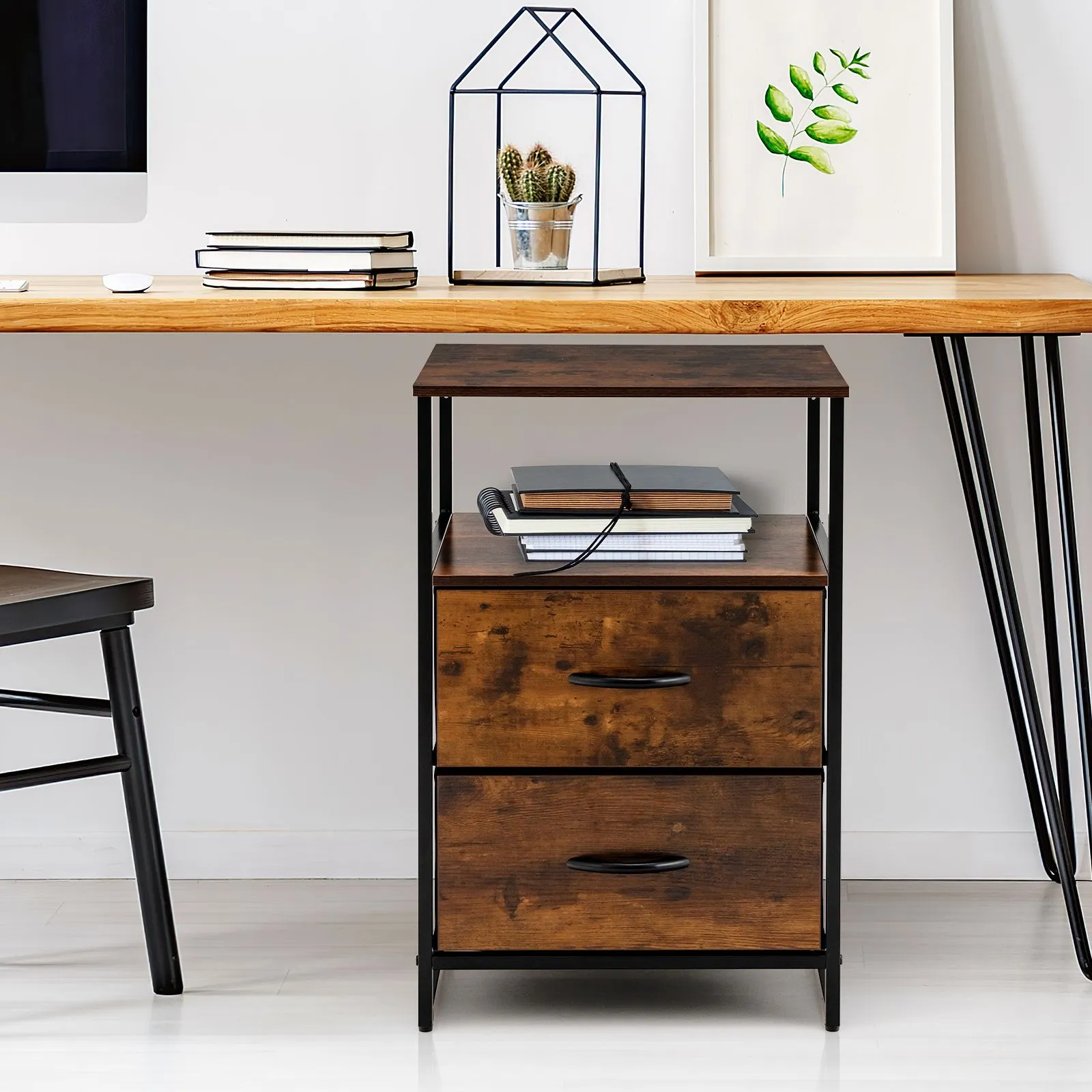 Costway Industrial 2-Drawer Storage Cabinet Dresser Organizer Removable Fabric Drawers in Brown 4
